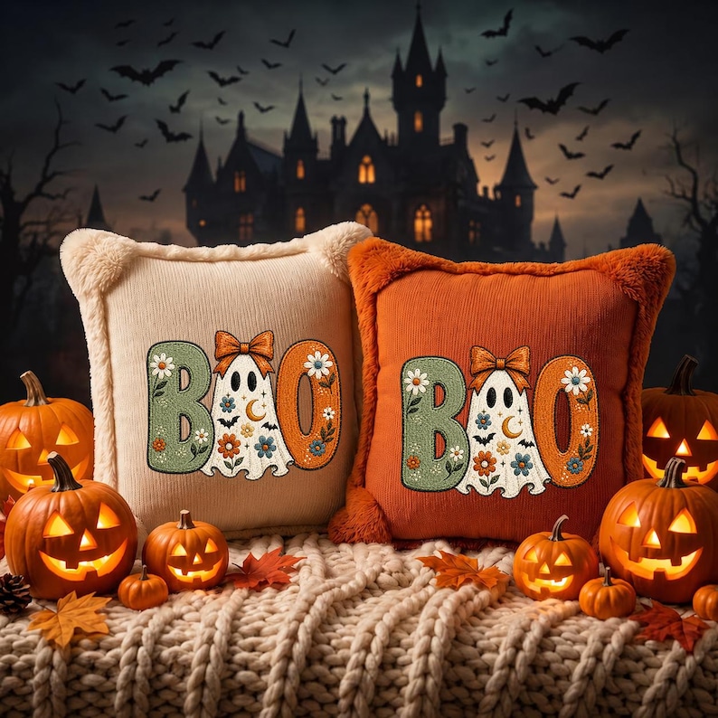 May include: Two square throw pillows, one cream and one orange, featuring embroidered text that reads BOO with a ghost wearing a bow in the center. The ghost is decorated with floral patterns, moons, and bats. The pillows have fuzzy edges.