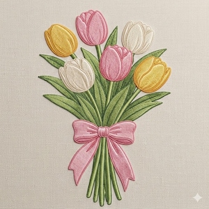 以下が含まれることがあります： 黄色、ピンク、白の色合いのチューリップの刺繍ブーケ。緑の葉と茎があり、ピンクのリボンで結ばれています。刺繍は薄いベージュ色の生地に施されています。
