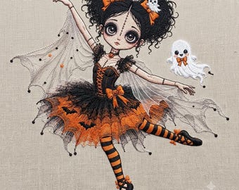 Halloween Ballerina Embroidery Design, Gothic Ballet Girl with Ghost and Spiderweb Wings, Orange Black Machine Embroidery File