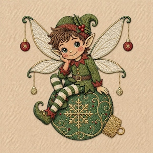 May include: An embroidered design featuring a whimsical elf with brown hair, green clothing, and pointed ears, sitting on a large green Christmas ornament decorated with a gold snowflake. The elf has translucent wings and dangling red ornaments.