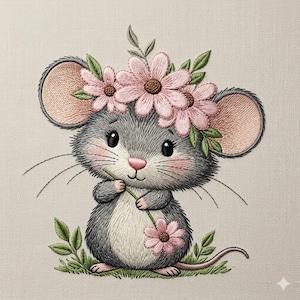 Könnte beinhalten: Gesticktes Bild einer grauen Maus mit einem rosa Blumenkranz und einer Blume in der Hand. Die Maus hat große Ohren mit rosa Innenohren, eine rosa Nase und lange Schnurrhaare. Grüne Blätter und eine rosa Blume befinden sich am Fuß der Maus.