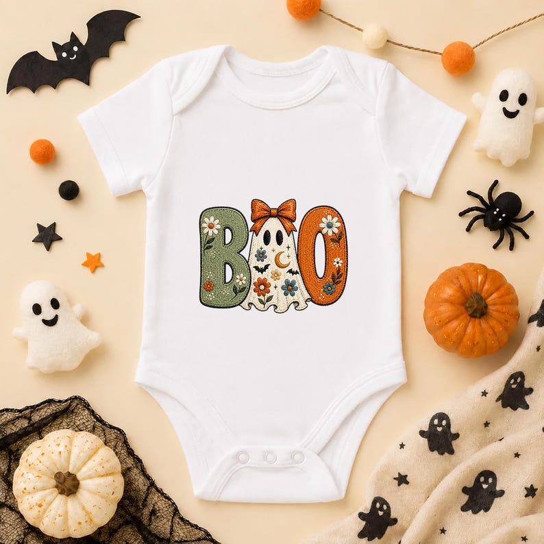 May include: A white short-sleeved baby bodysuit featuring a graphic print of the word BOO. The letter B is sage green with floral patterns, the letter O is orange with floral patterns, and the ghost in the middle wears an orange bow.