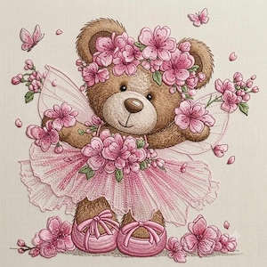 Cherry Blossom Teddy Bear Embroidery Design, Fairy Bear with Pink Flowers, Cute Teddy  File, Spring Floral Pattern, Instant Download