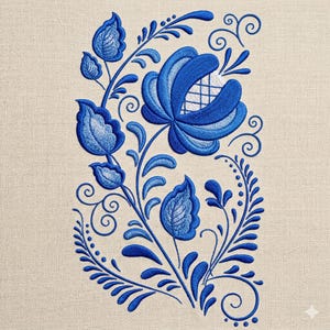 Diseño de bordado floral azul, patrón floral de arte popular vintage, elegante archivo de bordado botánico a máquina, 5 tamaños, descarga instantánea.