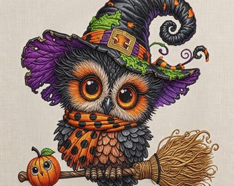 Halloween Witch Owl Embroidery Design, Cute Owl on Broom Machine Embroidery File, Witch Hat Pumpkin Instant  Download