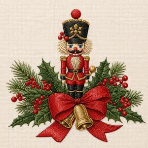 Könnte beinhalten: Eine Stickerei eines Nussknackers mit schwarzer Mütze mit Goldbesatz, roter Jacke und schwarzer Hose, platziert über einer großen roten Schleife mit zwei goldenen Glocken, umgeben von grünen Tannenzweigen und roten Stechpalmenbeeren.