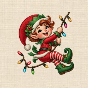 May include: An embroidered design of a cheerful elf wearing a red and green hat with a white pom-pom, a red tunic with a black belt, and red and white striped leggings. The elf is holding a string of colorful Christmas lights in various hues.