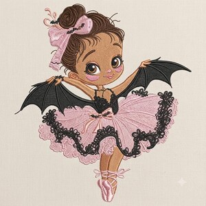 かわいいコウモリのバレリーナ刺繍デザイン、キュートなバレエガールのミシン刺繍パターン、ハロウィンの妖精アップリケ、即時ダウンロード