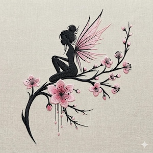 Fairy Embroidery Design with Cherry Blossom, Sitting Fairy Silhouette, Fantasy Floral Machine Embroidery File, 5 Size, Instant Download