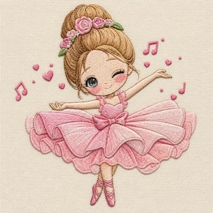 Winking Ballerina with Music Notes Embroidery Design, Cute Pink Ballet Dancer Machine Embroidery File