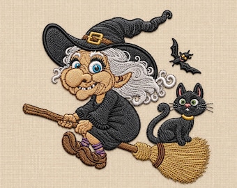 Halloween Witch Embroidery Design, Funny Witch Black Cat Broom Machine Embroidery File, Spooky Witch , Halloween Stitch Design