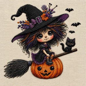May include: An embroidery design featuring a character wearing a black witch hat adorned with purple and orange flowers, sitting on a carved orange pumpkin. A black cat sits on a broomstick handle with three small black bats flying nearby.