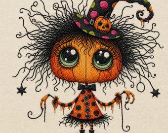 Cute Pumpkin Witch Girl Embroidery Design, Spooky Halloween Doll Machine Embroidery File, Gothic Digital Download