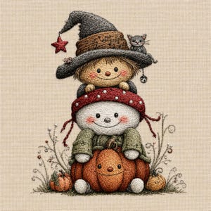 May include: An embroidered design on beige fabric featuring a stack of three figures. A top figure wears a dark gray witch hat with a red star, a middle figure wears a red hat with white dots, and a bottom figure is a large orange pumpkin.