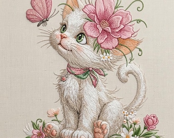 Cute White Cat Embroidery Design, Floral Kitten With Butterfly Embroidery File, Pink Flower Cat , Nursery Animal Embroidery