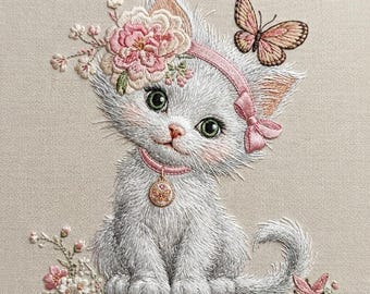 Vintage Floral Cat Embroidery Design, Cute White Kitten With Flower Crown Embroidery File, Butterfly Cat  Download