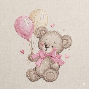 Diseño de bordado de osito de peluche con globos, lindo osito con globos, diseño para habitación de bebé niña, osito de San Valentín, 5 tamaños, descarga instantánea