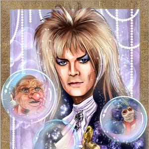 May include: Vertical art print featuring characters from the movie Labyrinth. The artwork includes images of Jareth the Goblin King, the owl, and other fantasy creatures. The background is a soft purple with gold accents.
