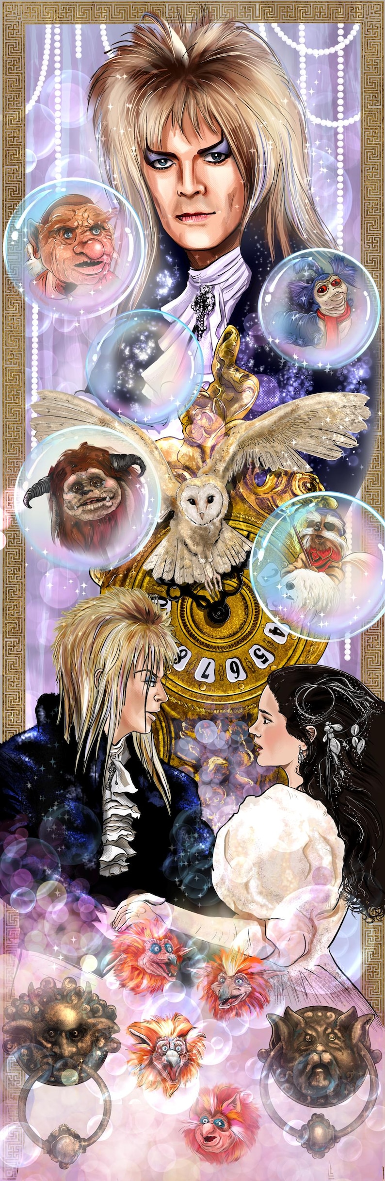 May include: Vertical art print featuring characters from the movie Labyrinth. The artwork includes images of Jareth the Goblin King, the owl, and other fantasy creatures. The background is a soft purple with gold accents.