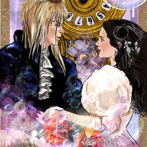 May include: An illustration featuring two figures facing each other, set against a backdrop of a golden clock and swirling bubbles. The figures are a man with blonde hair and a woman in a white dress. Two orange and red creatures are at the bottom.