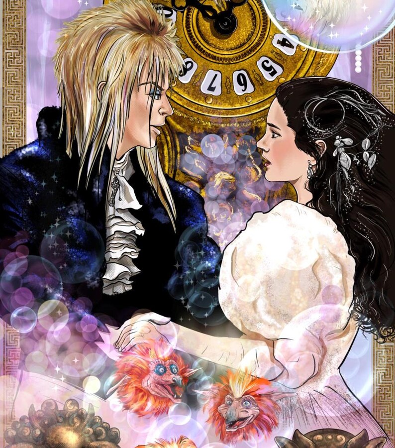 May include: An illustration featuring two figures facing each other, set against a backdrop of a golden clock and swirling bubbles. The figures are a man with blonde hair and a woman in a white dress. Two orange and red creatures are at the bottom.