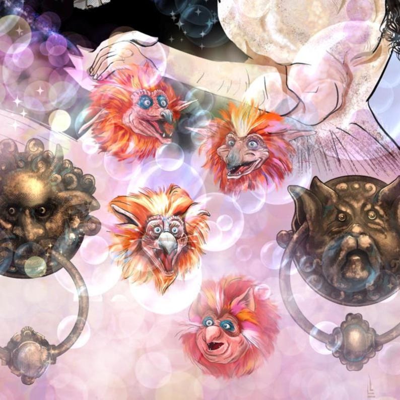 May include: An artistic illustration featuring several whimsical door knockers and fantastical creatures. The door knockers have detailed faces and ornate handles. The creatures are colorful with orange, red, and pink fur, and blue eyes. The background is a soft pink with bubbles.
