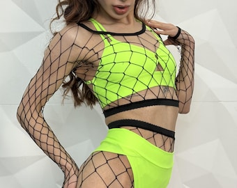 Neongroene raveset, crop top van netstof en korte broek met hoge taille, exotische danskleding voor festivals
