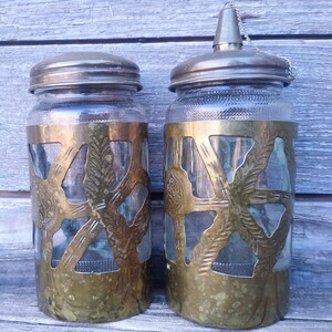 Vintage Glass Decorative Brass Overlay Dispenser Pair Set Vidriera Los Reyes Mexico