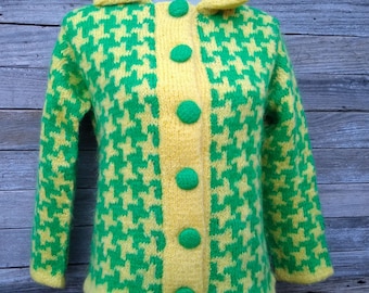 Vintage Hand Knit Wool Cardigan Sweater Green and Yellow Houndstooth Super Soft!