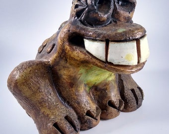 Vintage 1970s T. Jones Whimsical Signed Ceramic Smiling Toad Hand Made Studio Pottery MCM