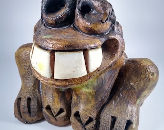 Vintage 1970s T. Jones Whimsical Signed Ceramic Smiling Toad Hand Made Studio Pottery MCM