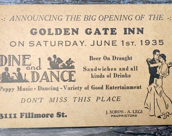 Vintage 1935 Golden Gate Inn Grand Opening Postcard San Francisco 3111 Fillmore St