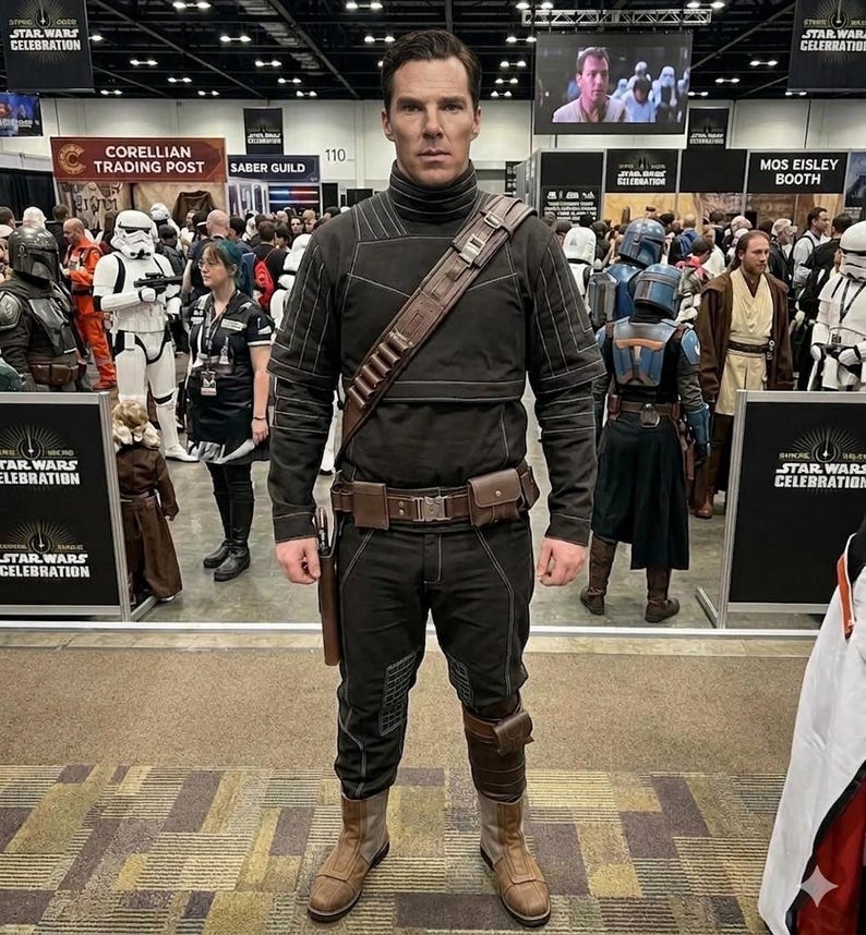 K&ouml;nnte beinhalten: Eine Person in einem schwarzen Kost&uuml;m mit braunen Akzenten, darunter G&uuml;rtel, Holster und Stiefel, steht vor einem Star Wars Celebration Banner. Das Kost&uuml;m hat einen hohen Kragen und gepolsterte Details. Andere Star Wars Charaktere und Teilnehmer sind zu sehen.