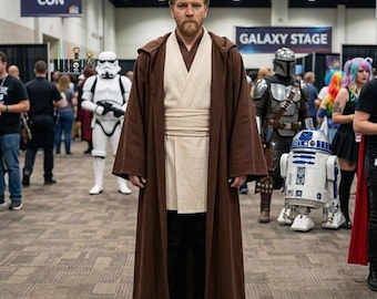 Star Wars inspirierte braune Kapuzen Robe mit Tunika Set - Space Krieger Cosplay Kostüm - Beiges Innen Outfit - Comic Con Halloween Umhang für Männer