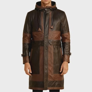 Mens Brown Leather Hooded Long Coat - Two Tone Patchwork Trench Jacket - Vintage Style Winter Coat - Biker Streetwear Gift for Him