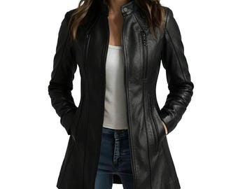 Black Faux Leather Jacket Women – Long Slim Fit Moto Coat