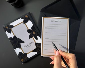 Carte cadeau élégante noire et or à compléter / Bon cadeau pour anniversaire, mariage, beauté et bien-être / Cadeau pour femme / Idée cadeau