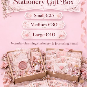 May include: A pink stationery gift box with the text "Romantic Rose Stationery Gift Box." The box contains stationery and journaling items. The image includes decorative roses and a wax seal.