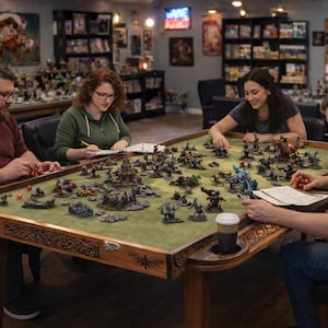 May include: Four people are gathered around a large, wooden table playing a tabletop game. The table has a green felt surface and is covered with miniature figures, dice, and terrain. The players are focused on the game, with books and dice in front of them.