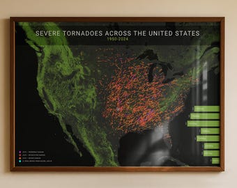 Gewelddadige tornado's op kaart VS (1950-2024) | F3 F4 F5-tracks | Muurkunst stormjager | Cadeau tornadoliefhebber