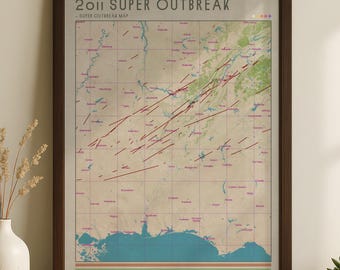 Superuitbraak 2011 | Vintage Ted Fujita-stijl cartografieprint | Meteorologieposter