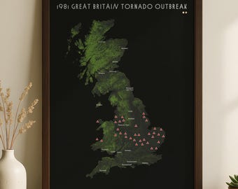 1981 UK Tornado Outbreak Print | 104 tornado's in 48 uur | Britse meteorologieposter | Muurkunst zwaar weer | Cadeau stormjager