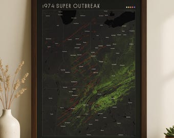 Superuitbraak 1974 | Padkaart donkere tornado | Fujita-stijl meteorologieposter | Muurkunst stormjager | Afdrukken op zwaar weer