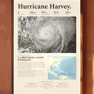 May include: A framed poster titled Hurricane Harvey featuring a satellite image of the storm, statistical data including 132 mph winds and 12.5 ft storm surge, a map of the path, and a chronological record of the event on a cream background.