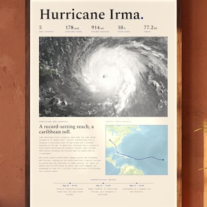 May include: A framed poster titled Hurricane Irma featuring a black and white satellite image of the storm, data points for category, wind speed, pressure, surge, and damage, a map of the track, and a chronological record of the event.