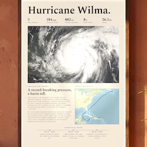 May include: A framed poster titled Hurricane Wilma featuring a black and white satellite image of the storm, data points including 184 mph winds and 882 mb pressure, a map of the storm's path, and a chronological record of its development.
