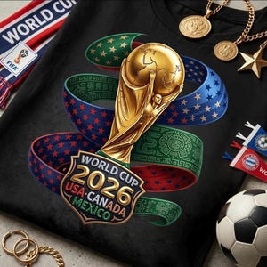 May include: Black t-shirt featuring a gold World Cup trophy, with a globe and a figure holding it. The design includes ribbons in red, white, blue, and green, with stars and Aztec patterns. The text "World Cup 2026 USA Canada Mexico" is also visible.