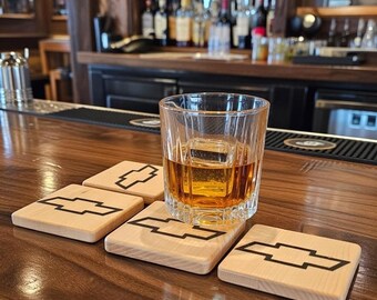Handmade Wooden Chevy Bowtie Coasters – Rustic Bar Decor (Set of 4)