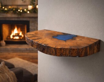 Blue Resin Live Edge Floating Shelf. Natural Wood Slab, Glossy Handcrafted Wall Art Shelf.