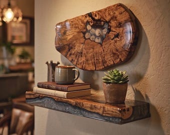Rustic Live-Edge Floating Shelf – Epoxy-Filled Cork Cluster